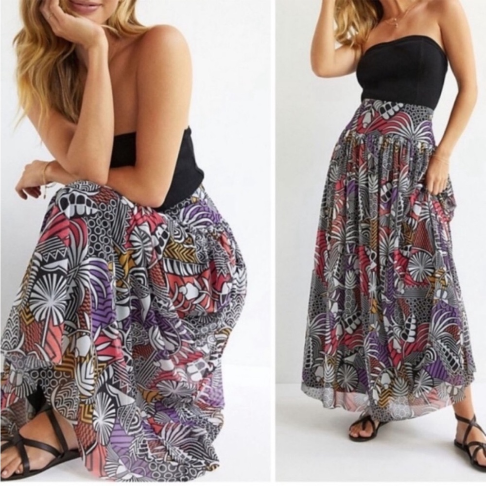 Farm Rio Anthropologie Tropical Maxi Skirt in Novelty Sz Medium Black Multi